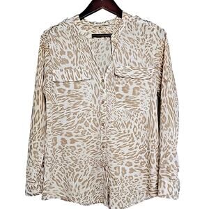 Calvin Klein Womens Small Animal Print Ivory/Beige Buttonup Rollup Sleeve Blouse